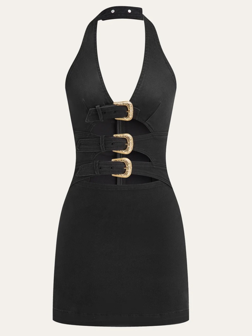 Black Halter Mini Dress with Buckle Details